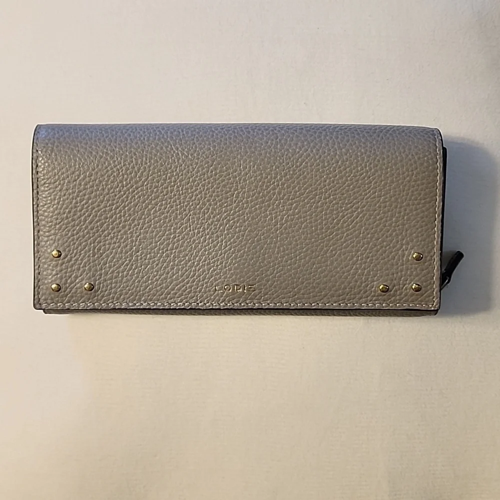 NWOT Lodis Pebble Gray Leather Bifold Ladies Wallet - lovely gold trim - Picture 1 of 8